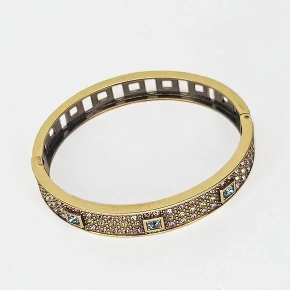 Heidi Daus | Vintage Art Deco 90's Crystal Bronzetone Hinged Bangle Bracelet - Picture 3 of 8